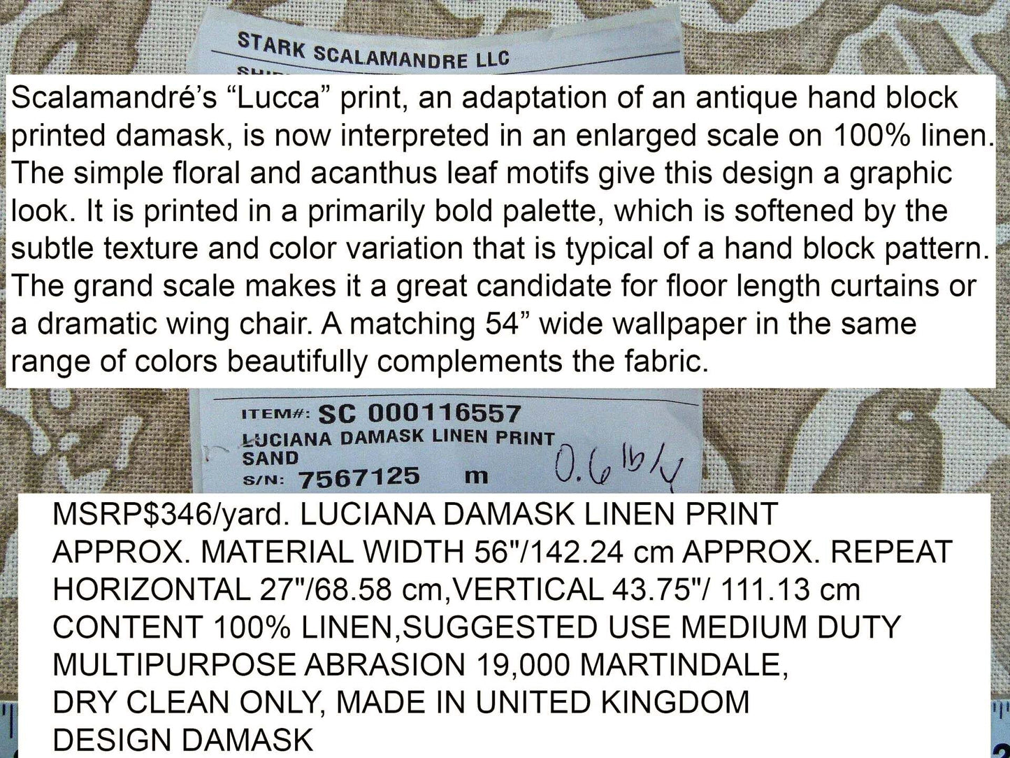 Scalamandre Luciana Damask Linen Print Sand Damask Print Beige MSRP USD 346
