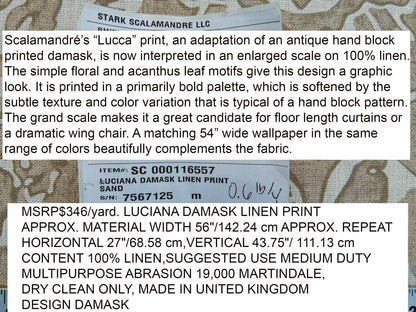 Scalamandre Luciana Damask Linen Print Sand Damask Print Beige MSRP USD 346