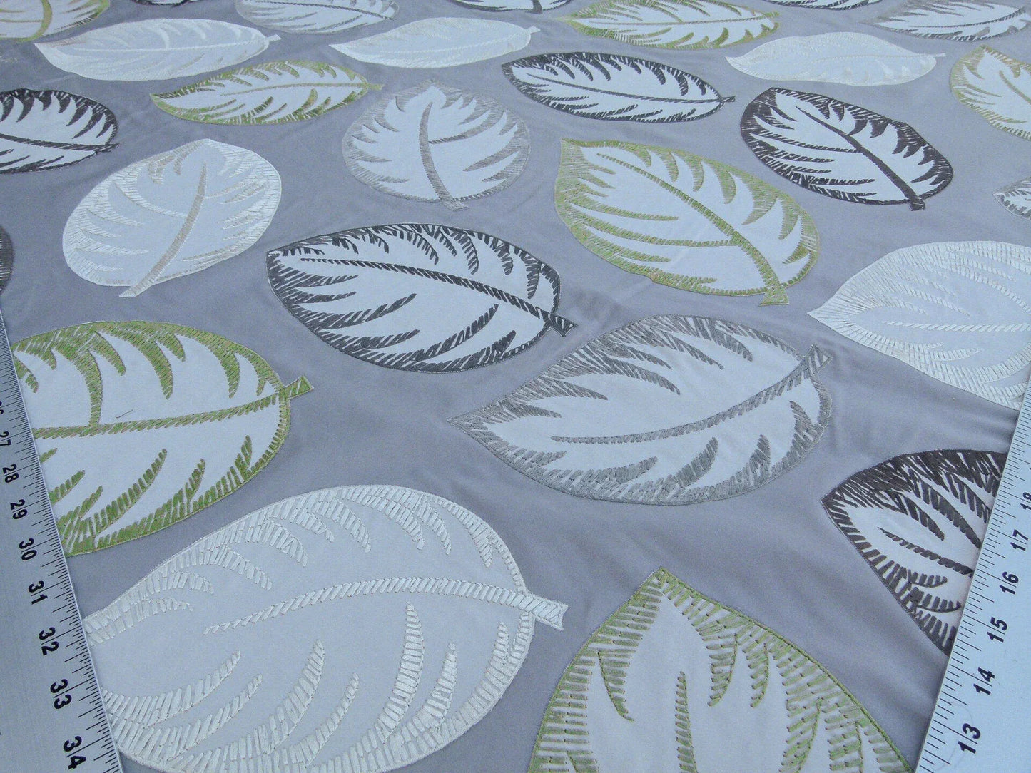 Scalamandre Palmer Grey Applique And Embroidery Leaves Pattern Blue by Hinson MSRP USD 367/y