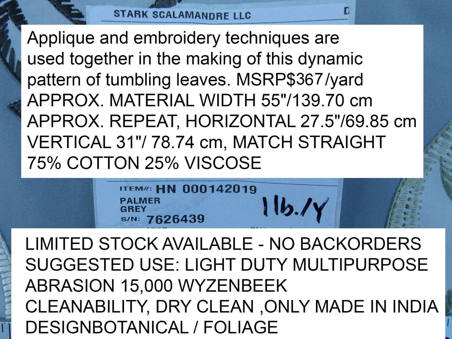 Scalamandre Palmer Grey Applique And Embroidery Leaves Pattern Blue by Hinson MSRP USD 367/y
