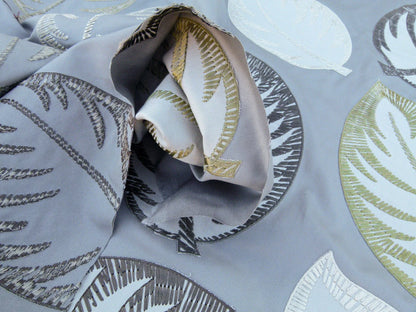 Scalamandre Palmer Grey Applique And Embroidery Leaves Pattern Blue by Hinson MSRP USD 367/y