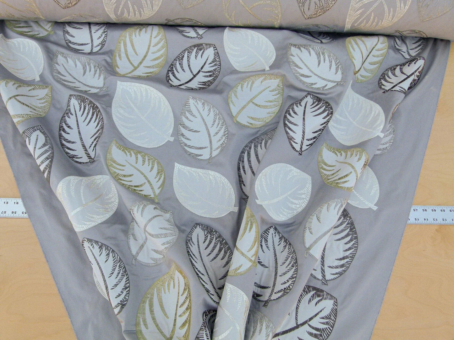 Scalamandre Palmer Grey Applique And Embroidery Leaves Pattern Blue by Hinson MSRP USD 367/y