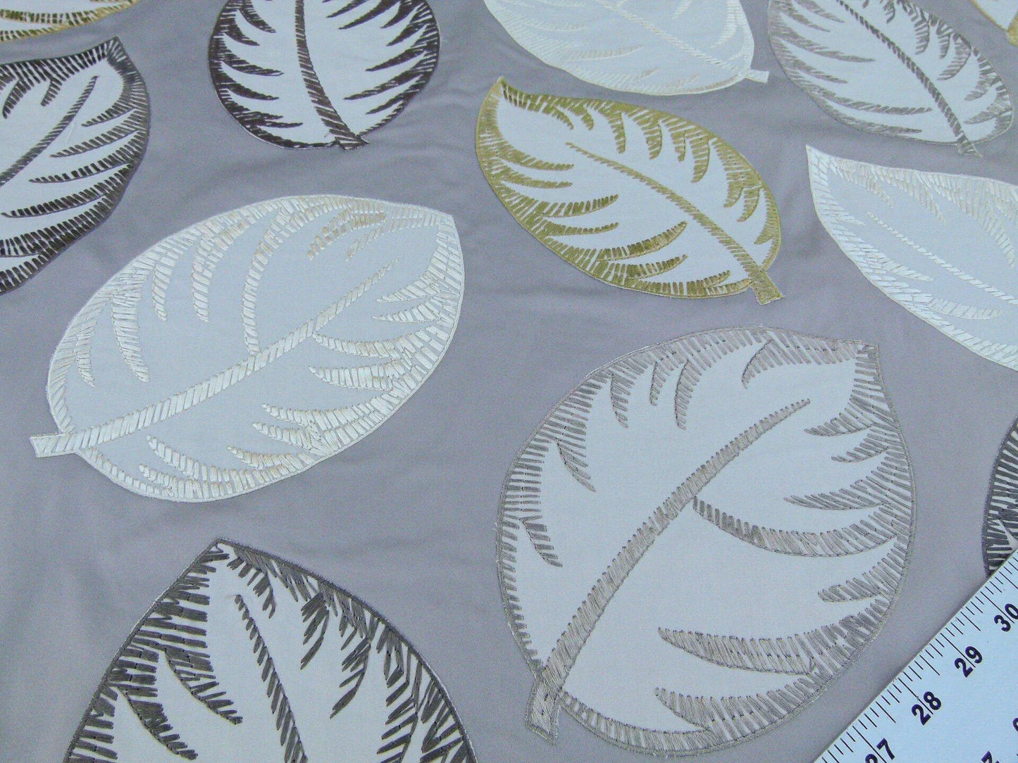 Scalamandre Palmer Grey Applique And Embroidery Leaves Pattern Blue by Hinson MSRP USD 367/y