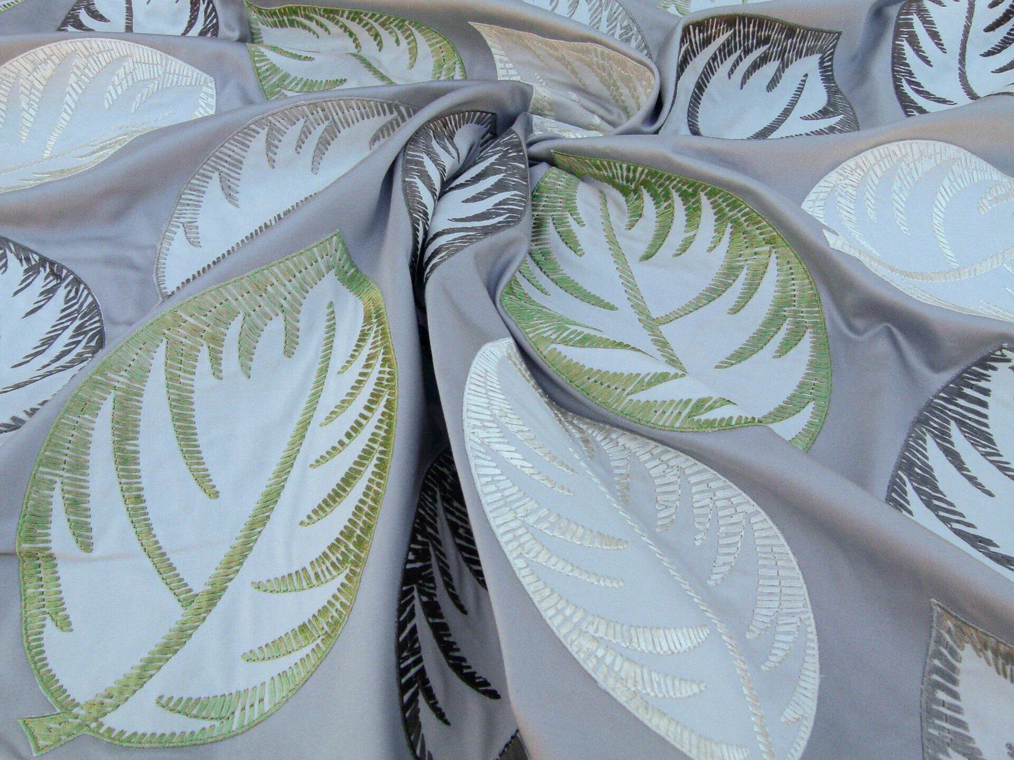 Scalamandre Palmer Grey Applique And Embroidery Leaves Pattern Blue by Hinson MSRP USD 367/y