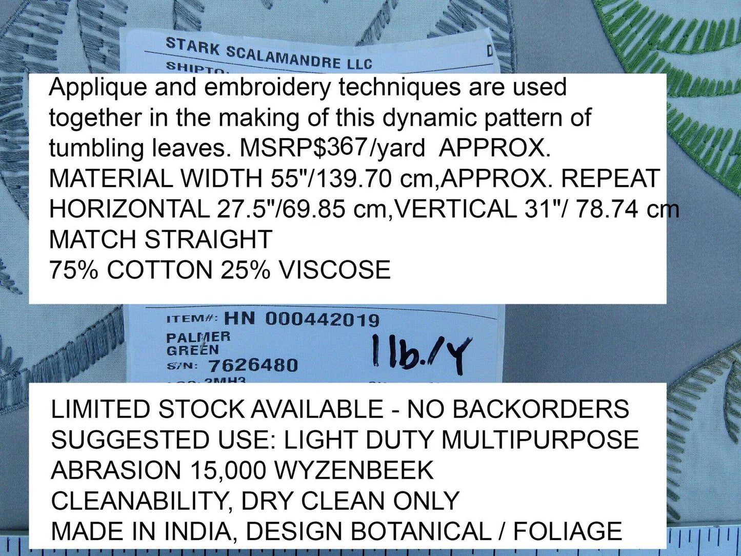 Scalamandre Palmer Green Applique And Embroidery Leaves Pattern Blue by Hinson MSRP USD 367/y