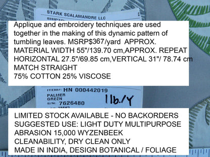 Scalamandre Palmer Green Applique And Embroidery Leaves Pattern Blue by Hinson MSRP USD 367/y