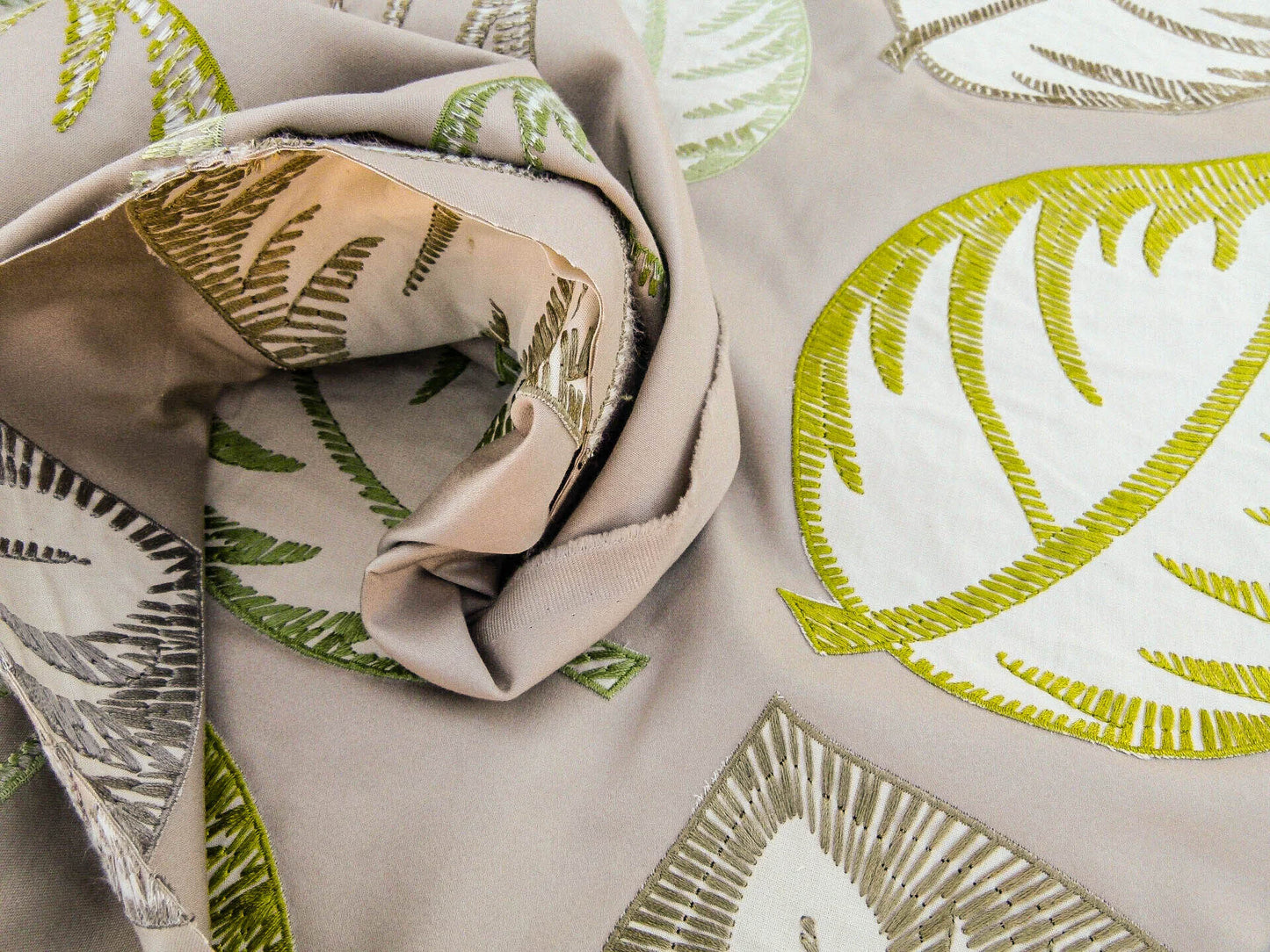 Scalamandre Palmer Green Applique And Embroidery Leaves Pattern Blue by Hinson MSRP USD 367/y