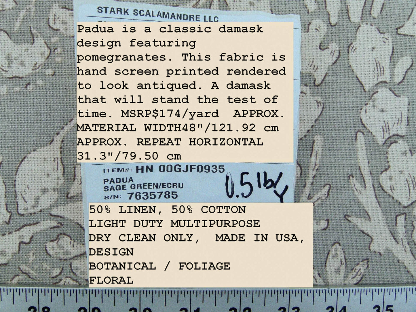Scalamandre Padua Sage Green/ecru Classic Pomegranates Hand Printed Linen in U.S. MSRP USD 174/y