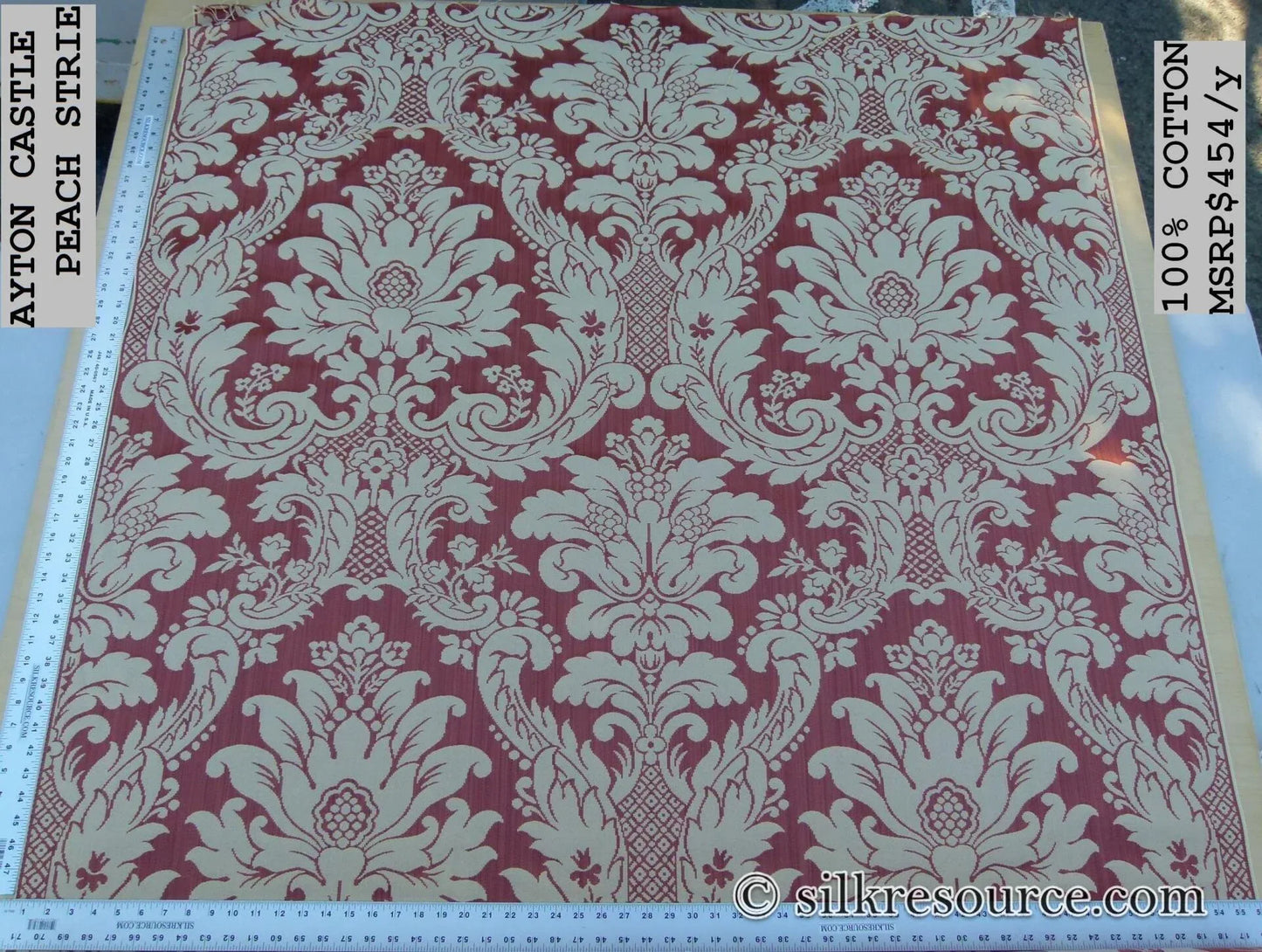 Scalamandre Layton Castle Peach Strie Cotton Damask Renaissance Classic Red MSRP USD 454/Y