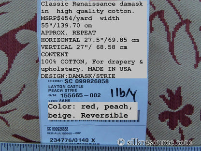 Scalamandre Layton Castle Peach Strie Cotton Damask Renaissance Classic Red MSRP USD 454/Y