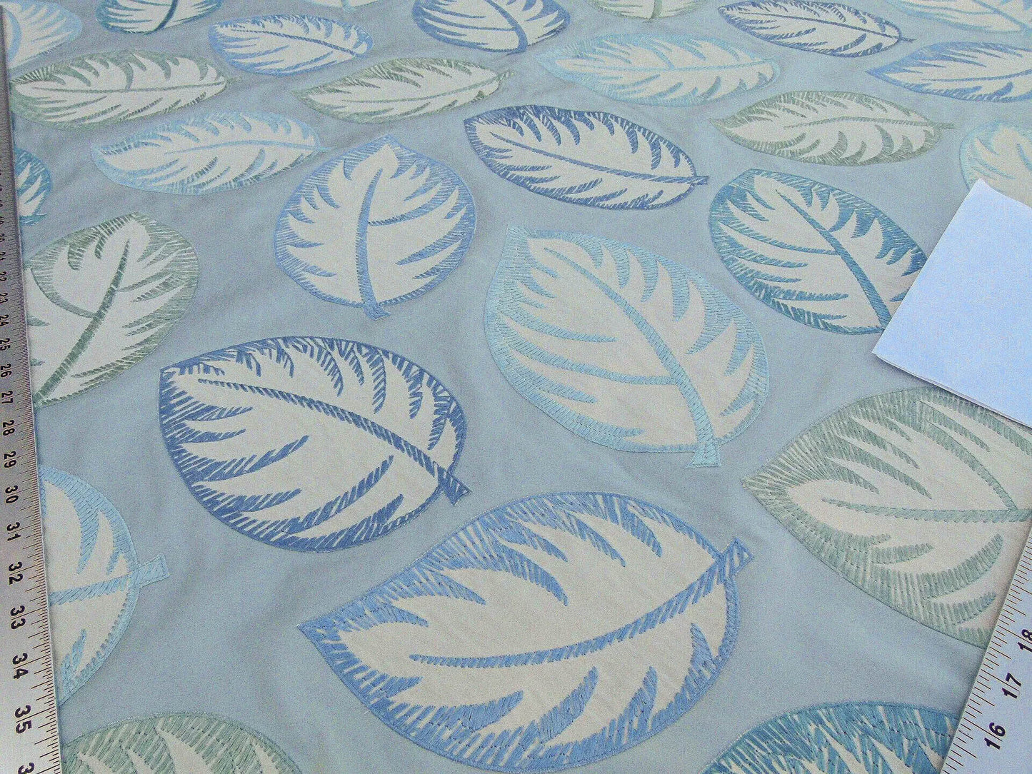 Scalamandre Palmer Aqua Applique And Embroidery Leaves Pattern Blue by Hinson MSRP USD 367/y