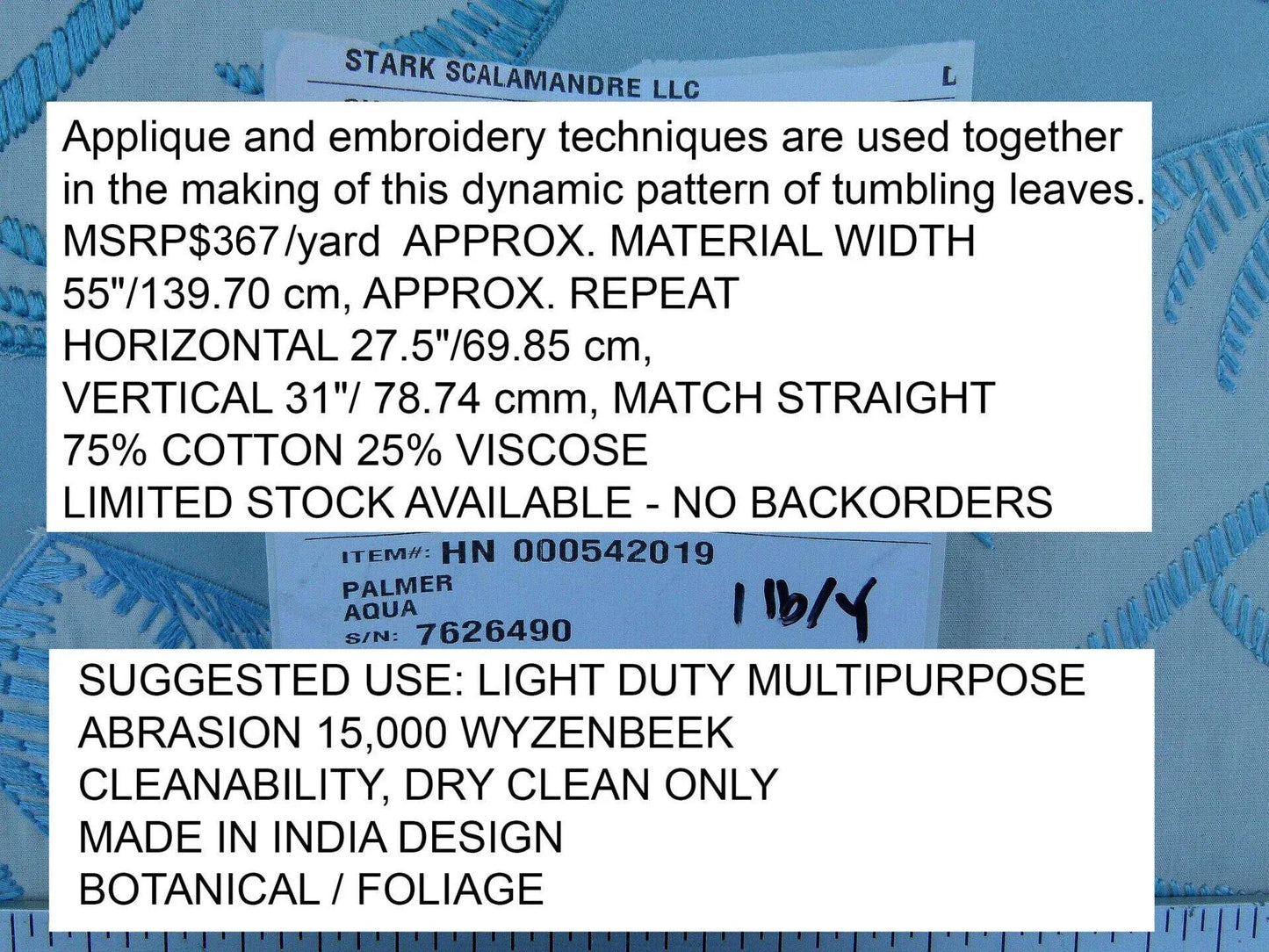 Scalamandre Palmer Aqua Applique And Embroidery Leaves Pattern Blue by Hinson MSRP USD 367/y