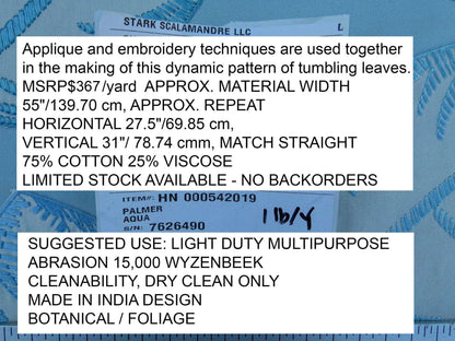 Scalamandre Palmer Aqua Applique And Embroidery Leaves Pattern Blue by Hinson MSRP USD 367/y
