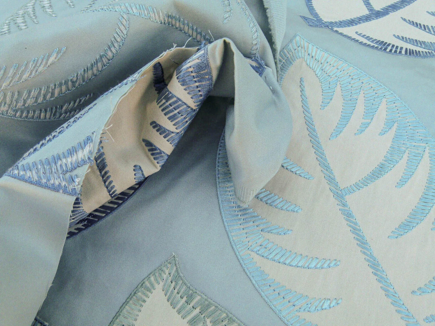 Scalamandre Palmer Aqua Applique And Embroidery Leaves Pattern Blue by Hinson MSRP USD 367/y