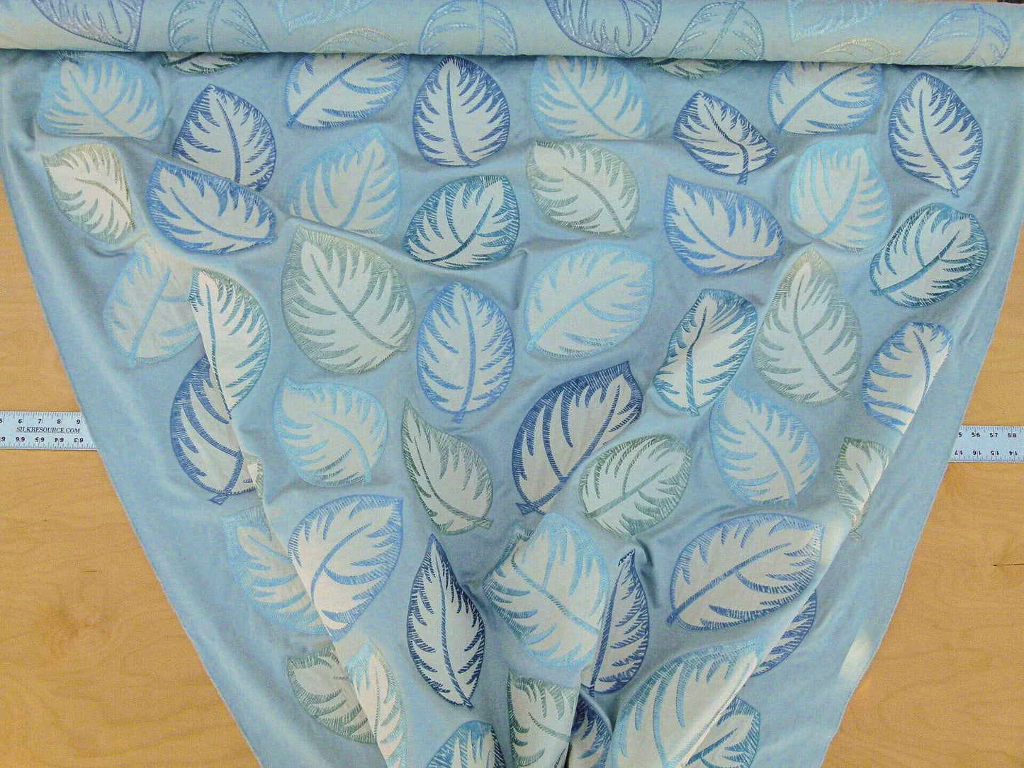 Scalamandre Palmer Aqua Applique And Embroidery Leaves Pattern Blue by Hinson MSRP USD 367/y