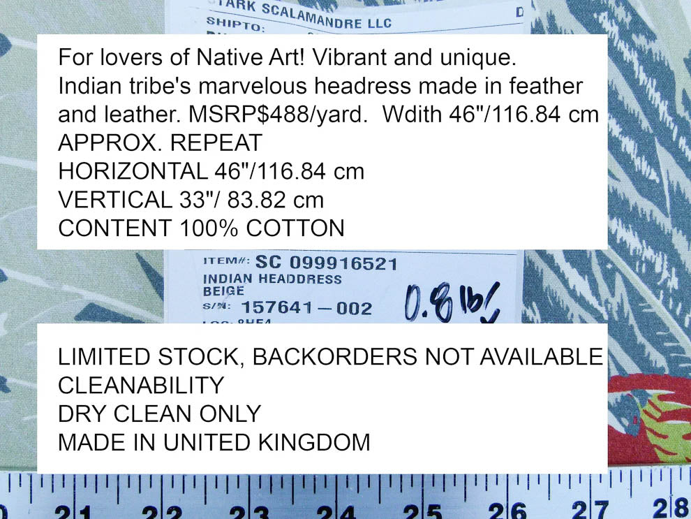 Scalamandre Indian Head Dress Beige  Indian Tribe's Head Dress Feather And Leather South West. MSRP USD 488