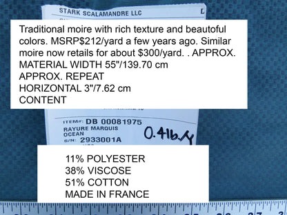 Scalamandre Fonthill Rayure Marquis Ocean Moire With Rich Texture Blue MSRP USD 212/y