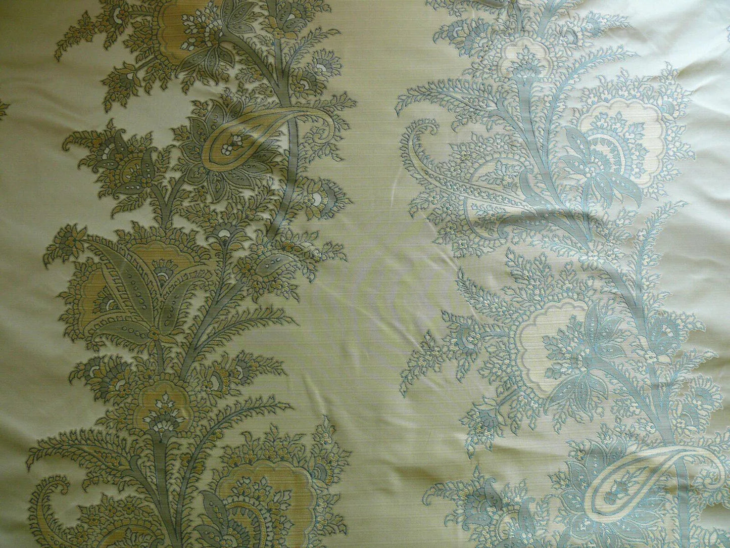 by yard 100% Silk Lampas Magnolia "canal" Blue Gold
