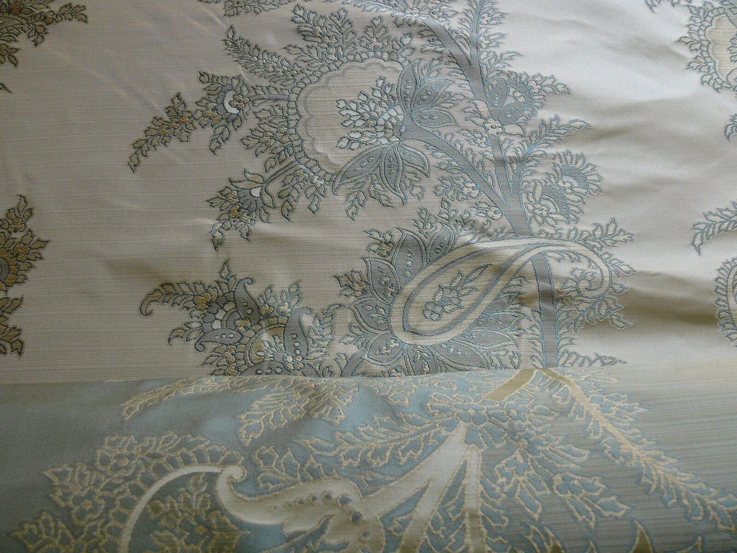 by yard 100% Silk Lampas Magnolia "canal" Blue Gold