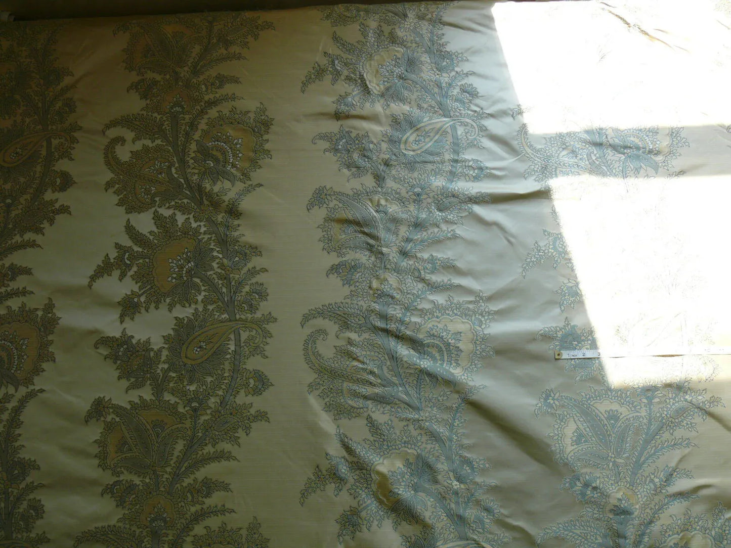 by yard 100% Silk Lampas Magnolia "canal" Blue Gold
