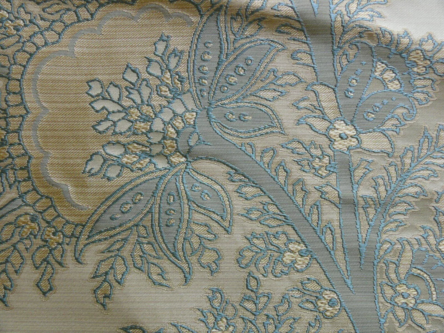 by yard 100% Silk Lampas Magnolia "canal" Blue Gold