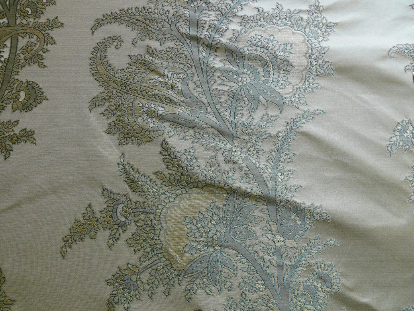 by yard 100% Silk Lampas Magnolia "canal" Blue Gold