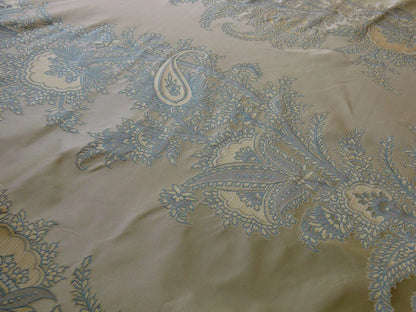 by yard 100% Silk Lampas Magnolia "canal" Blue Gold