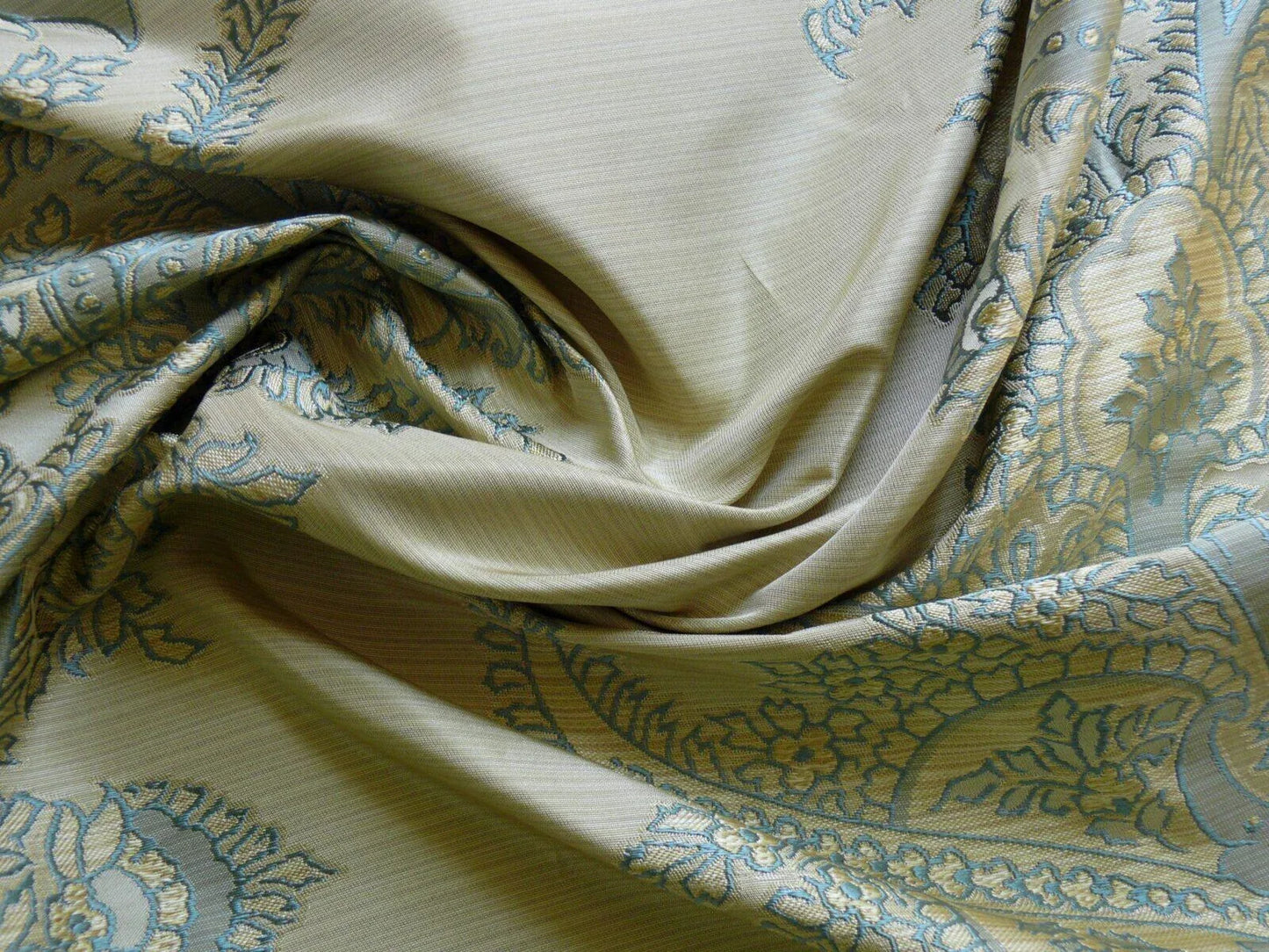 by yard 100% Silk Lampas Magnolia "canal" Blue Gold