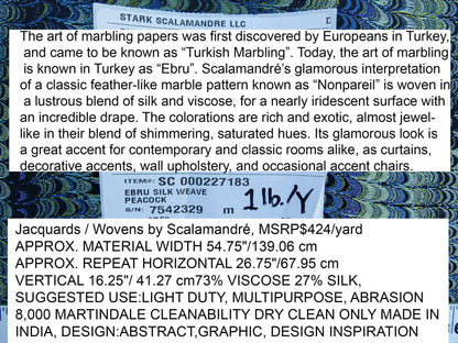 Scalamandre Ebru Silk Weave Peacock Marbled Paper Silk Jacquard Texture Blue Black Olive Green MSRP USD 424