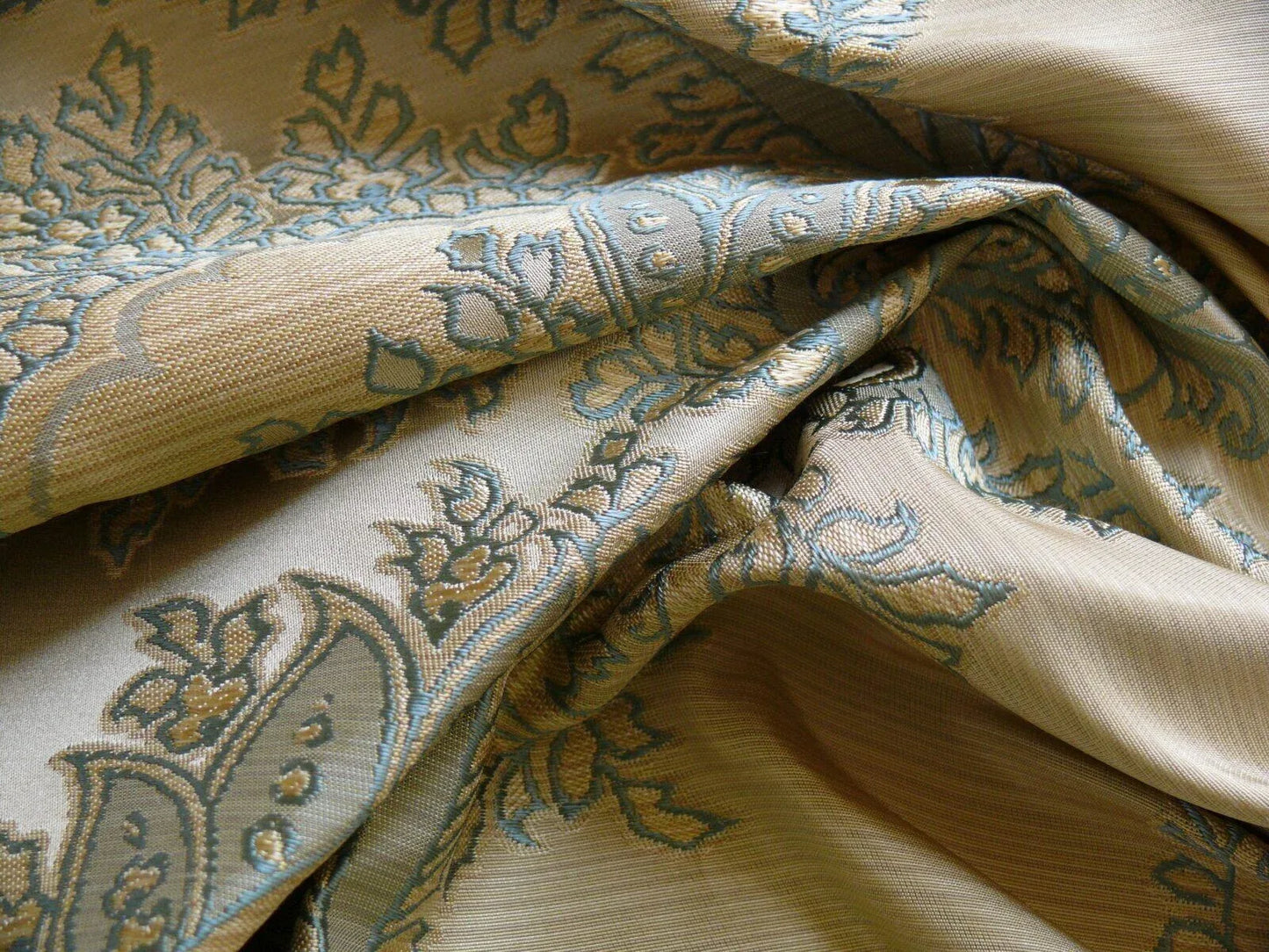 by yard 100% Silk Lampas Magnolia "canal" Blue Gold