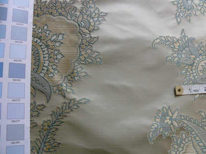 by yard 100% Silk Lampas Magnolia "canal" Blue Gold