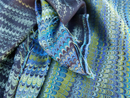 Scalamandre Ebru Silk Weave Peacock Marbled Paper Silk Jacquard Texture Blue Black Olive Green MSRP USD 424