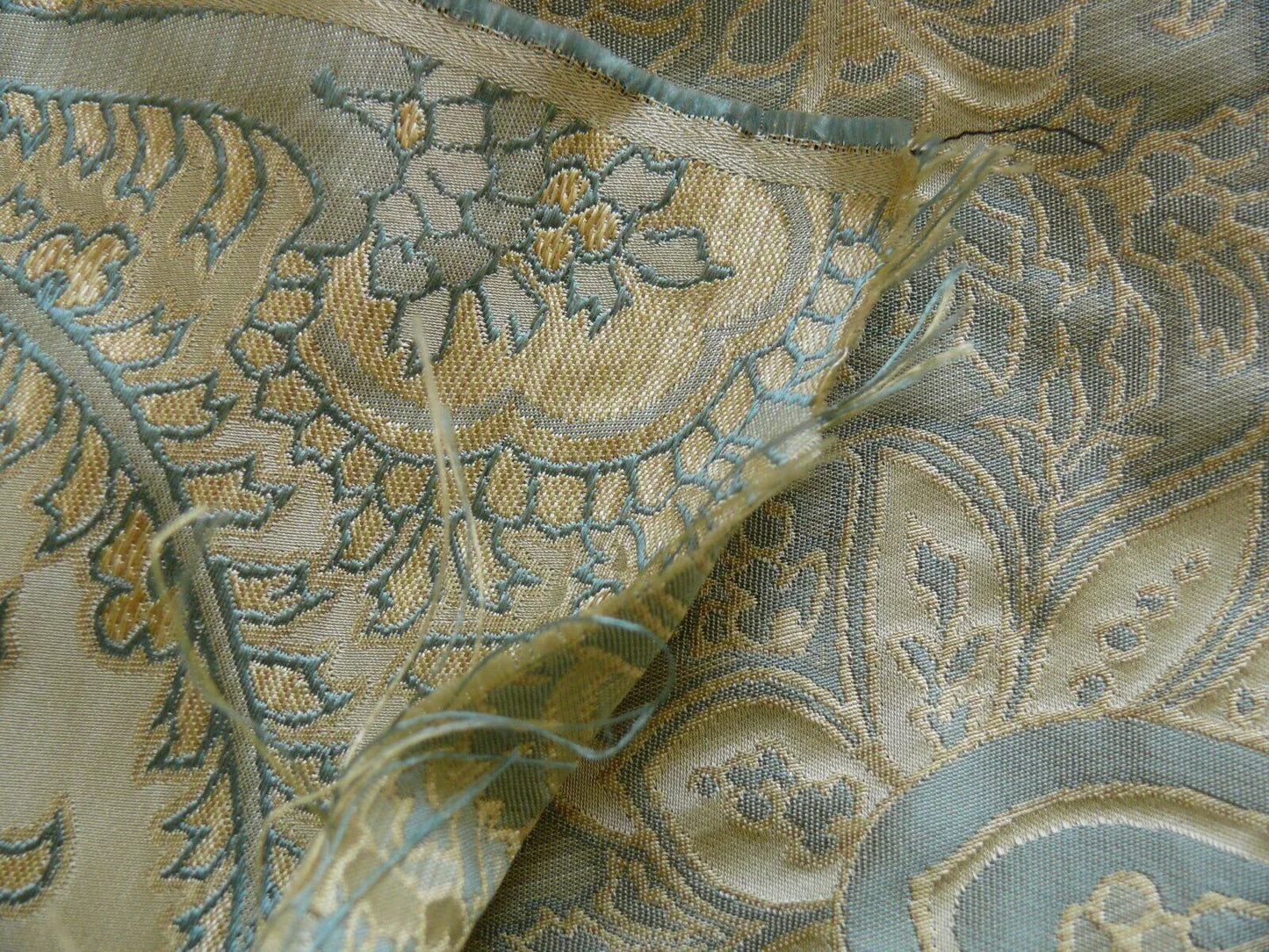 by yard 100% Silk Lampas Magnolia "canal" Blue Gold