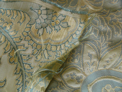 by yard 100% Silk Lampas Magnolia "canal" Blue Gold