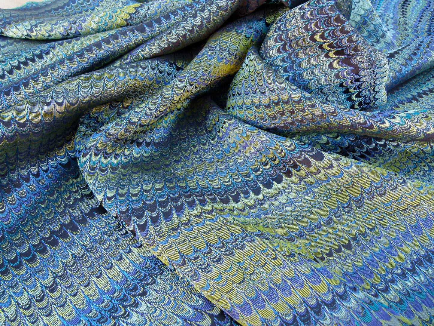 Scalamandre Ebru Silk Weave Peacock Marbled Paper Silk Jacquard Texture Blue Black Olive Green MSRP USD 424