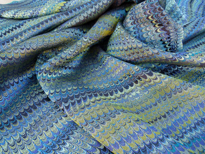 Scalamandre Ebru Silk Weave Peacock Marbled Paper Silk Jacquard Texture Blue Black Olive Green MSRP USD 424