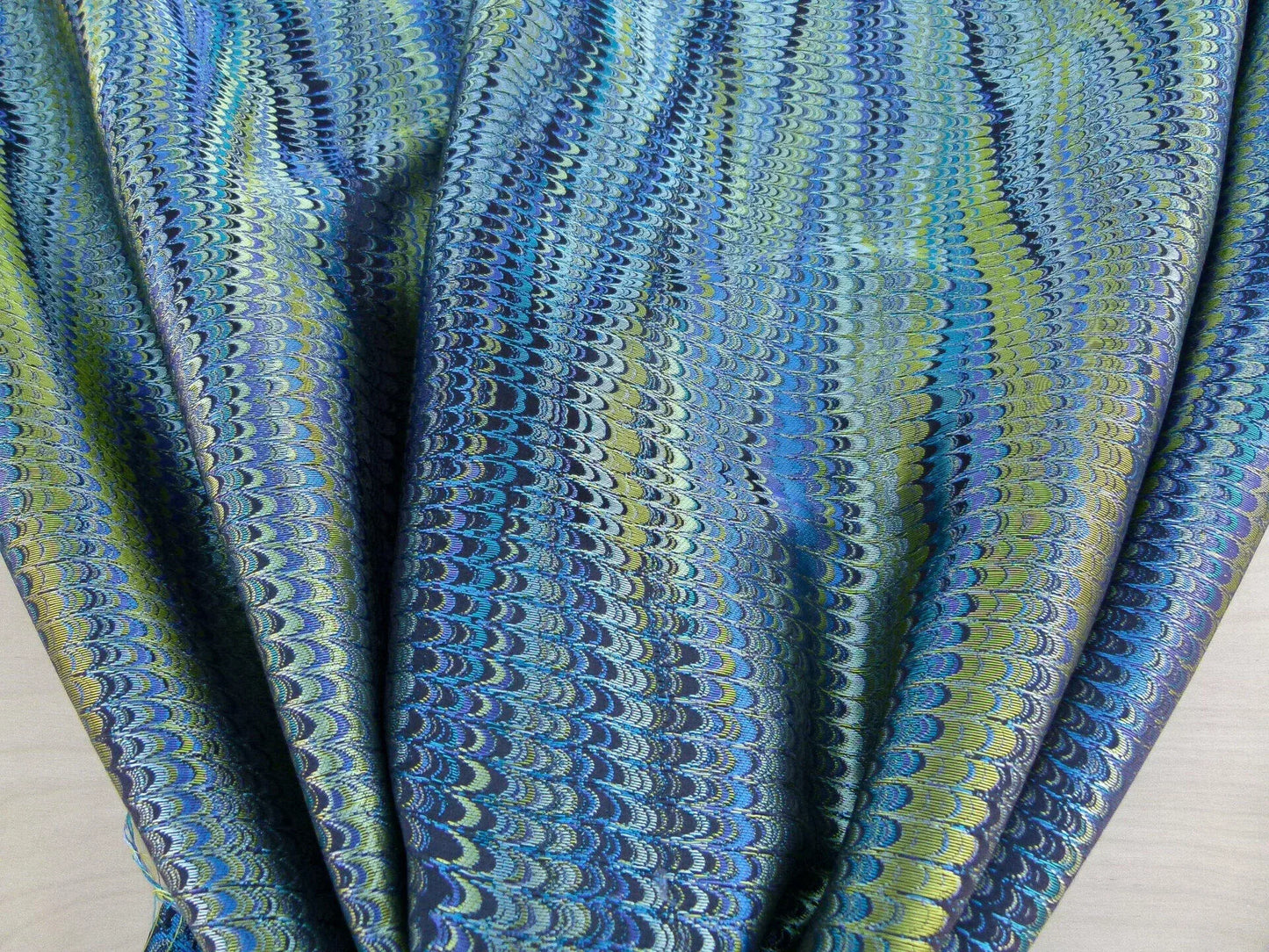 Scalamandre Ebru Silk Weave Peacock Marbled Paper Silk Jacquard Texture Blue Black Olive Green MSRP USD 424