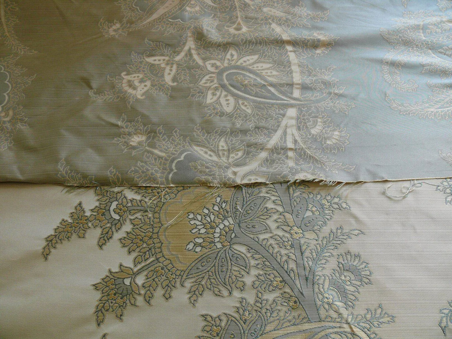 by yard 100% Silk Lampas Magnolia "canal" Blue Gold