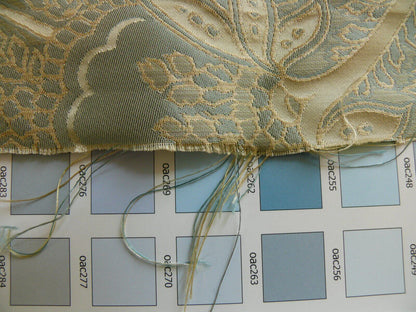 by yard 100% Silk Lampas Magnolia "canal" Blue Gold