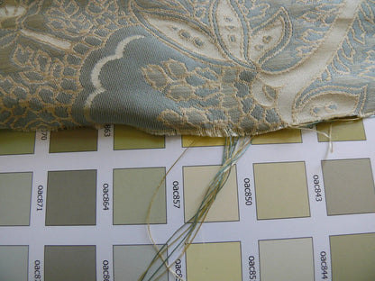 by yard 100% Silk Lampas Magnolia "canal" Blue Gold