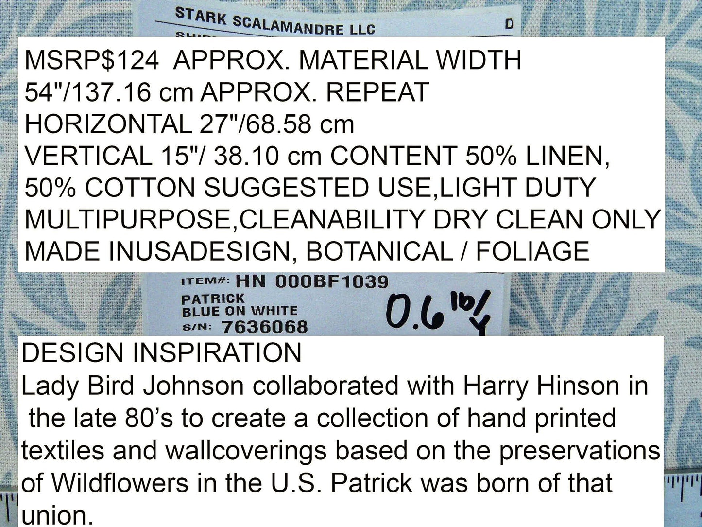 Scalamandre Patrick Blue On White Botanical Foliage Cotton Linen Made in US MSRP USD 124