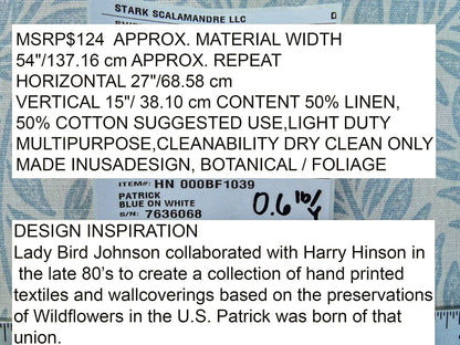 Scalamandre Patrick Blue On White Botanical Foliage Cotton Linen Made in US MSRP USD 124