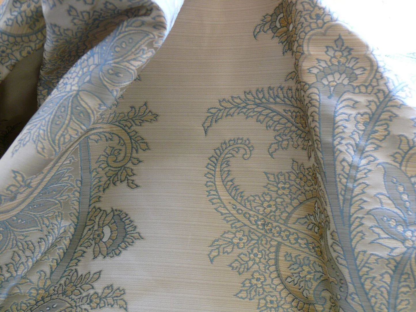 by yard 100% Silk Lampas Magnolia "canal" Blue Gold