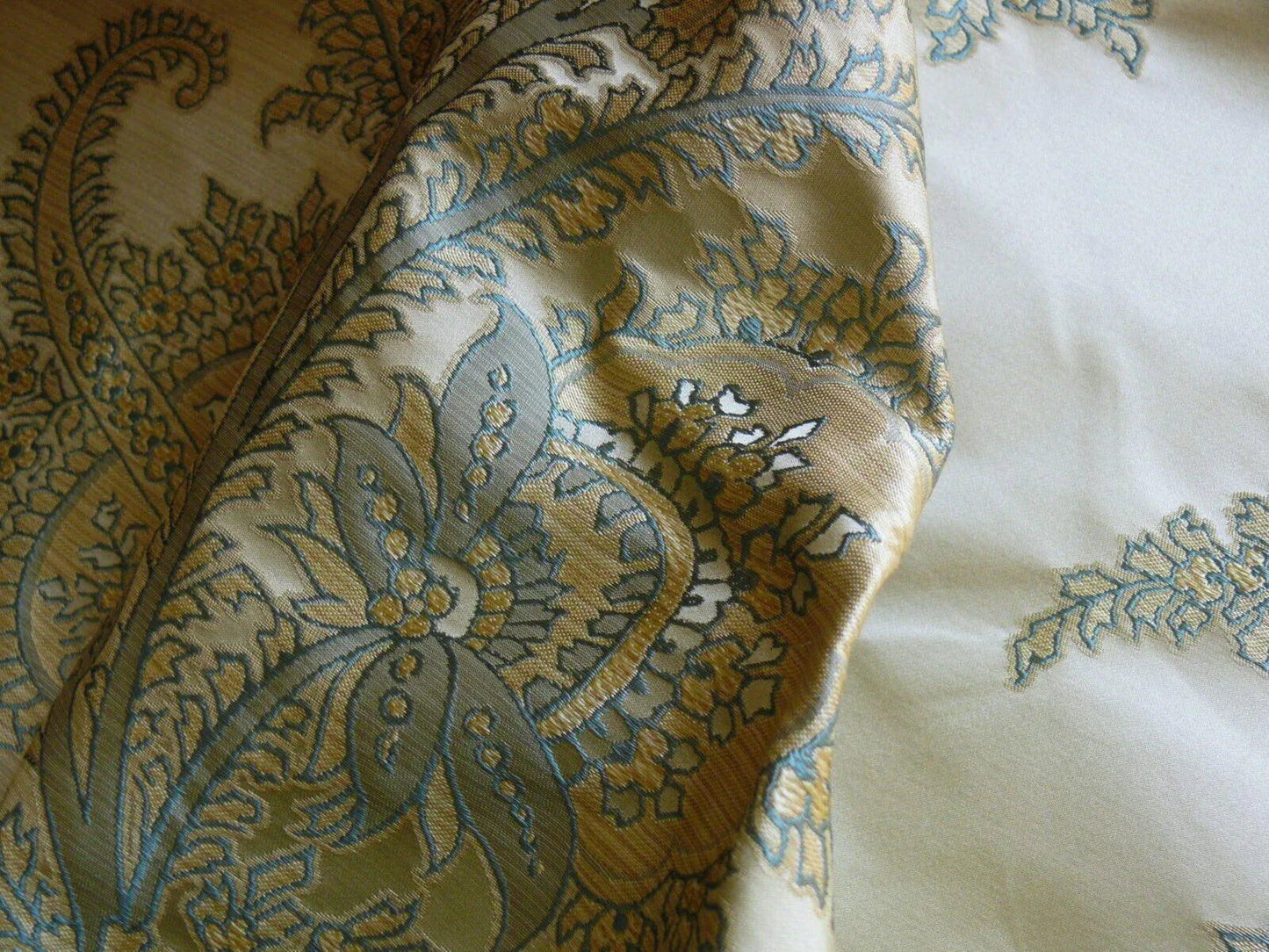 by yard 100% Silk Lampas Magnolia "canal" Blue Gold