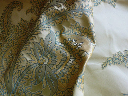by yard 100% Silk Lampas Magnolia "canal" Blue Gold