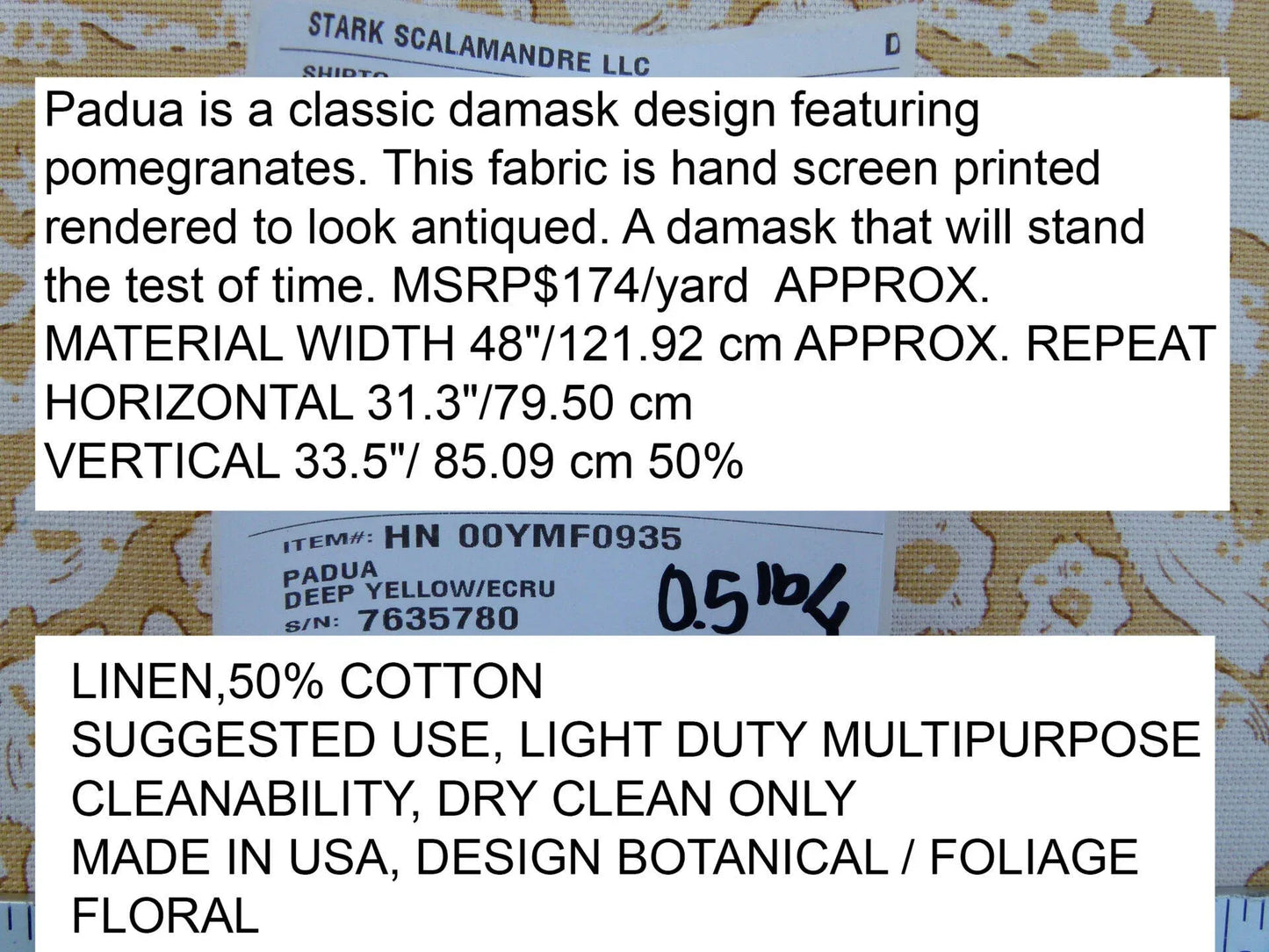 Scalamandre Padua Deep Yellow/ecru Classic Pomegranates Hand Printed Linen in U.S. MSRP USD 174/y