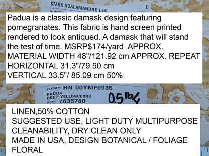 Scalamandre Padua Deep Yellow/ecru Classic Pomegranates Hand Printed Linen in U.S. MSRP USD 174/y