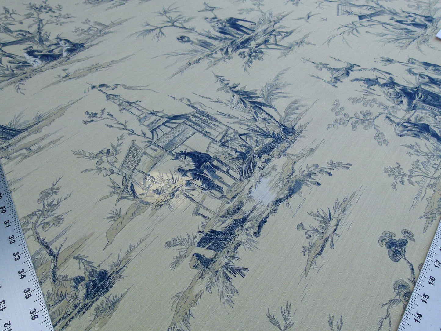 Scalamandre Voyage En Chine Print Bleu Chinoiserie Asian Garden Elephant Blue Beige MSRP USD 388/y