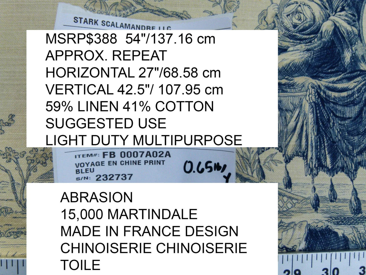 Scalamandre Voyage En Chine Print Bleu Chinoiserie Asian Garden Elephant Blue Beige MSRP USD 388/y