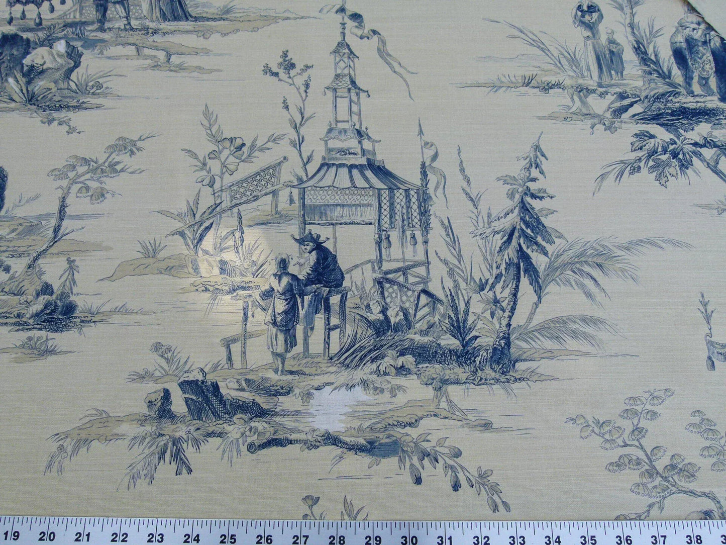 Scalamandre Voyage En Chine Print Bleu Chinoiserie Asian Garden Elephant Blue Beige MSRP USD 388/y